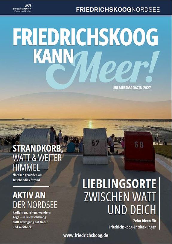 Cover des Urlaubsmagazins 2027 Freidrichskoog mit Strandkörben am neuen Trischendiek Strand